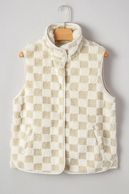 Checker Sherpa Snap Button Vest Jacket With Pockets