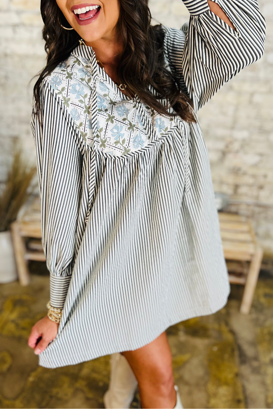 Stripe Floral Long Sleeve Dress