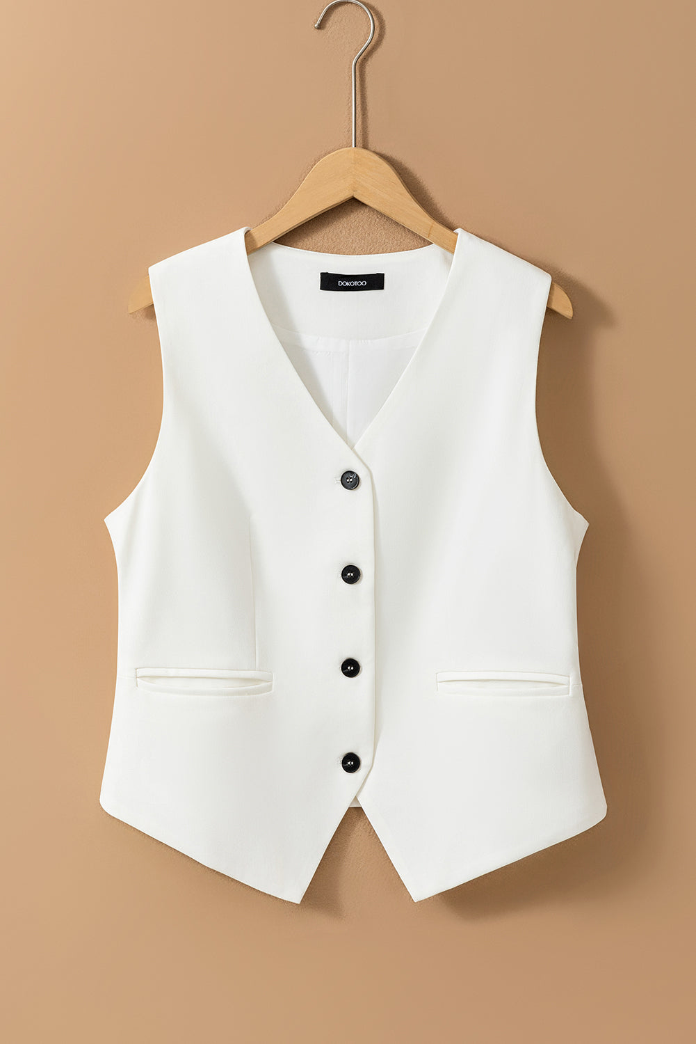 Solid V-Neck Button-up Vest