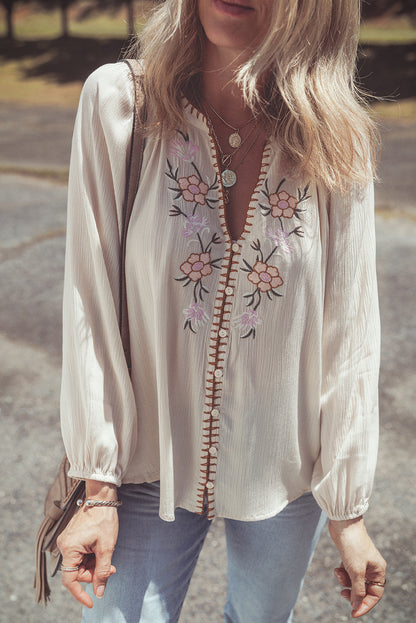 Floral Embroidered Puff Sleeve Shirt