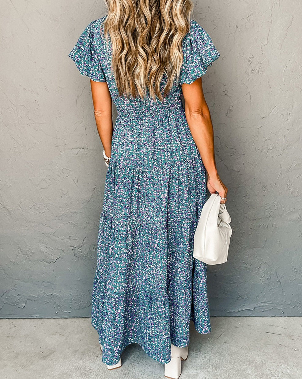 Shirred Puff Sleeve Maxi Dress