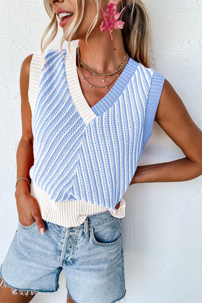 Chevron Contrast V-Neck Sleeveless Sweater Top