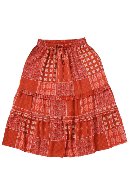 Boho Patchwork Ruffle Midi Skirt