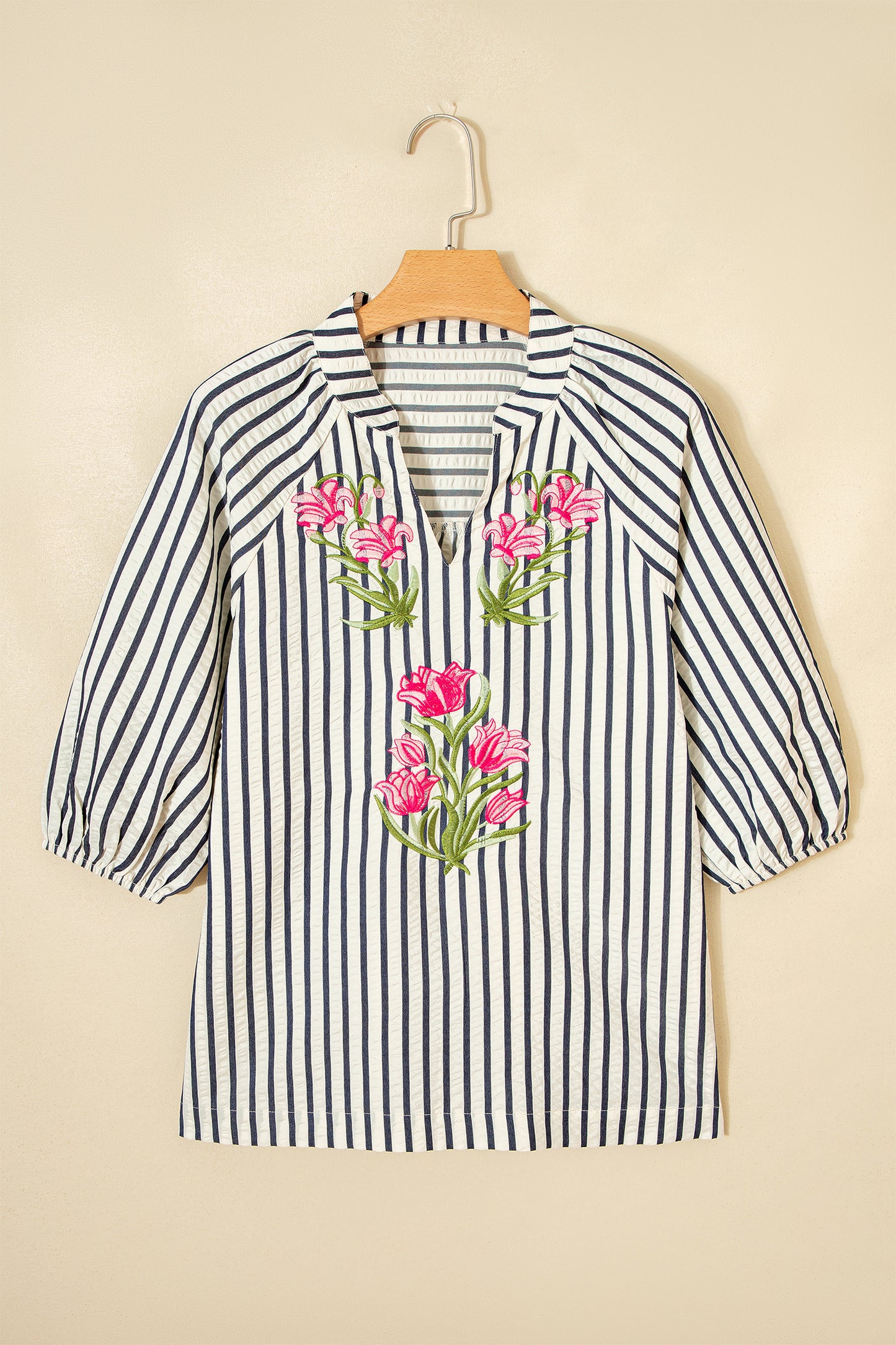 Stripe Floral Embroidered V-Neck 3/4 Sleeve Blouse