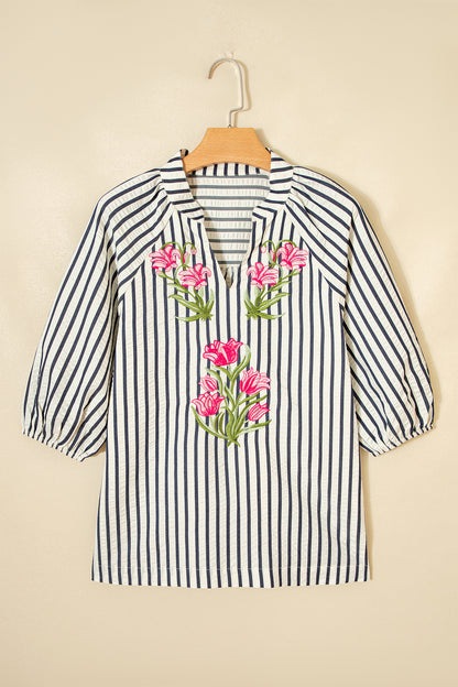 Stripe Floral Embroidered V-Neck 3/4 Sleeve Blouse
