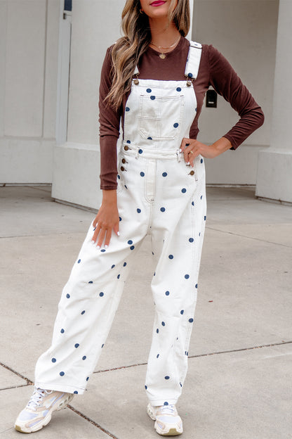 Polka Dot Denim Barrel Leg Overalls Jumpsuit