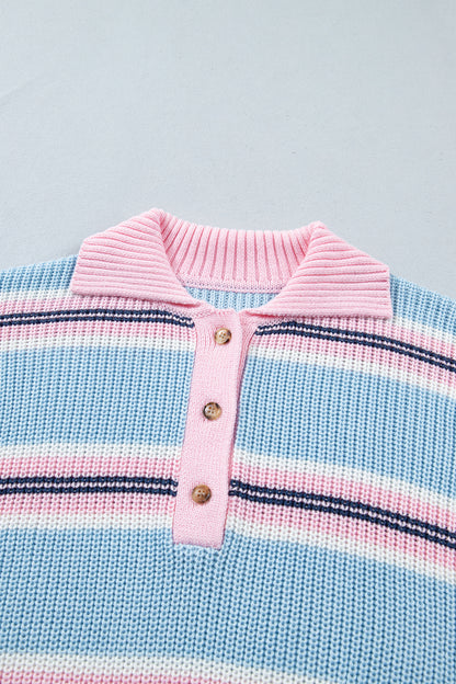 Stripe Ribbed Trim Buttoned Collar Long Sleeve Sweater