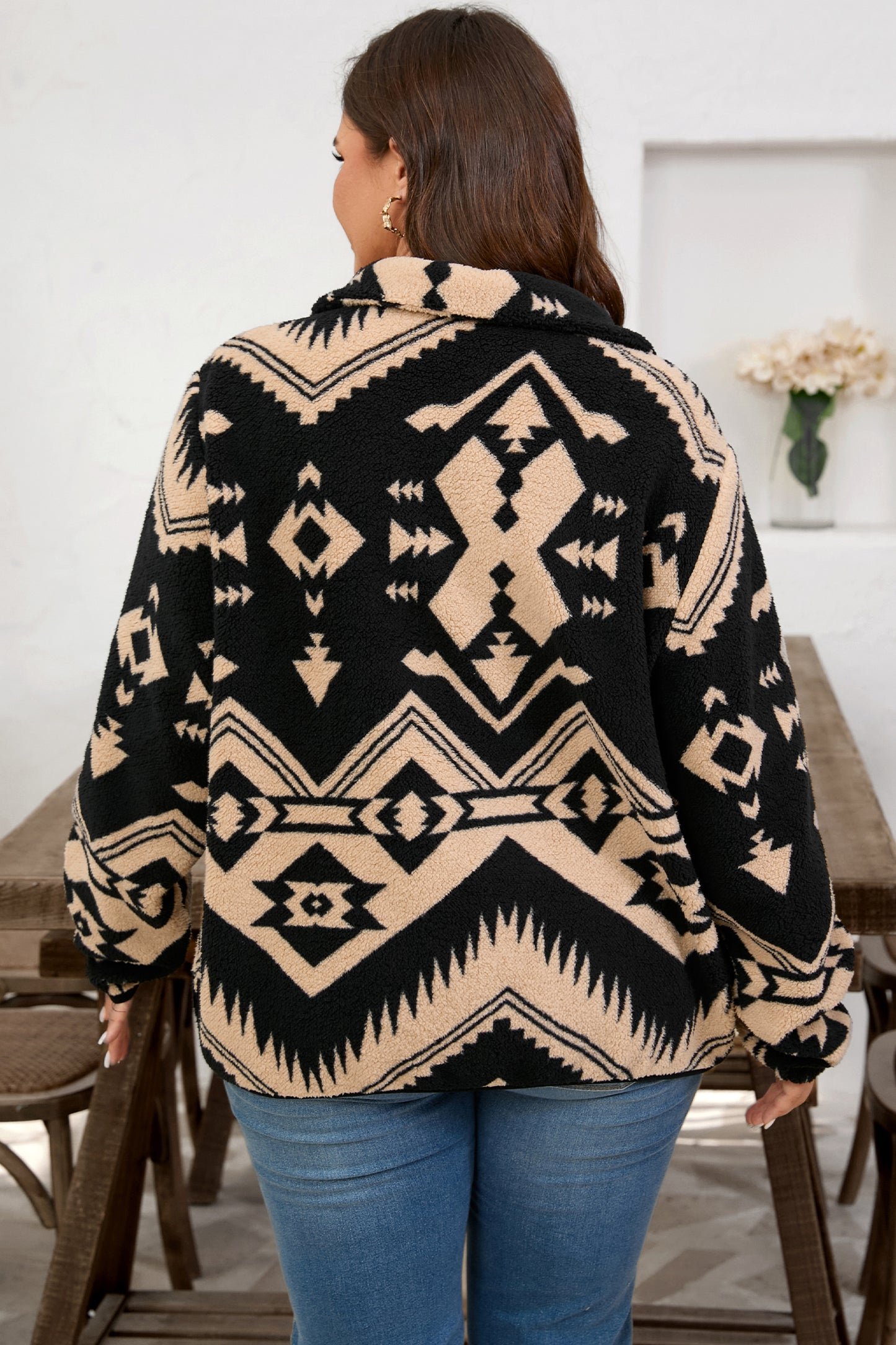 Plus Size Western Aztec Fleece Half Button Sweatshirt