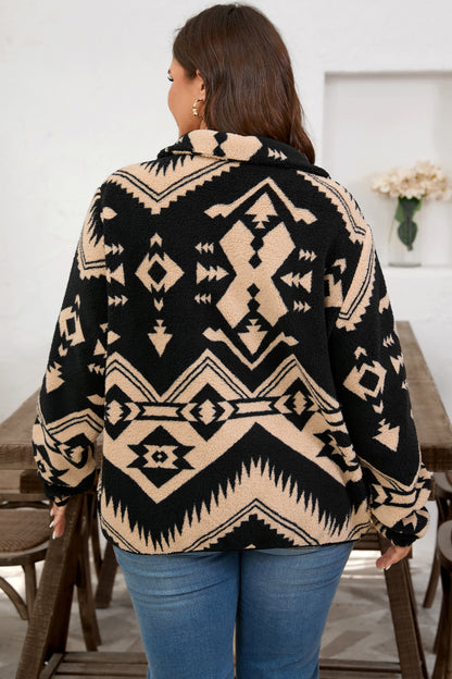 Plus Size Western Aztec Fleece Half Button Sweatshirt