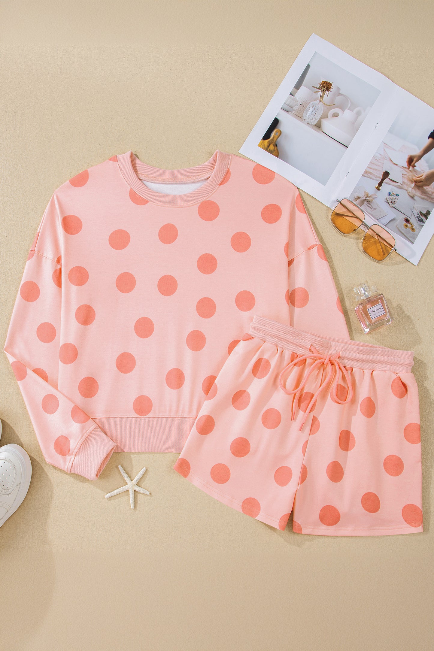Polka Dot Pullover and Drawstring Shorts Set