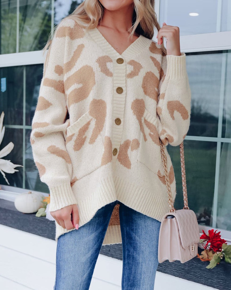 Leopard Buttoned Oversized Cardigan w/Pockets