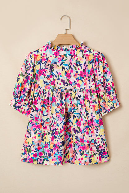 Flower Frilled Collar Puff Sleeve Blouse