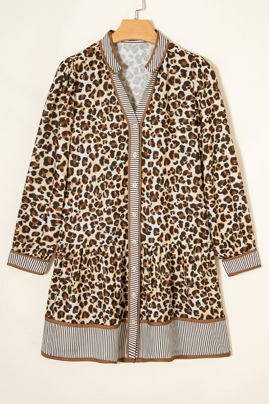 Leopard Stripe Trim V-Neck Mini Dress
