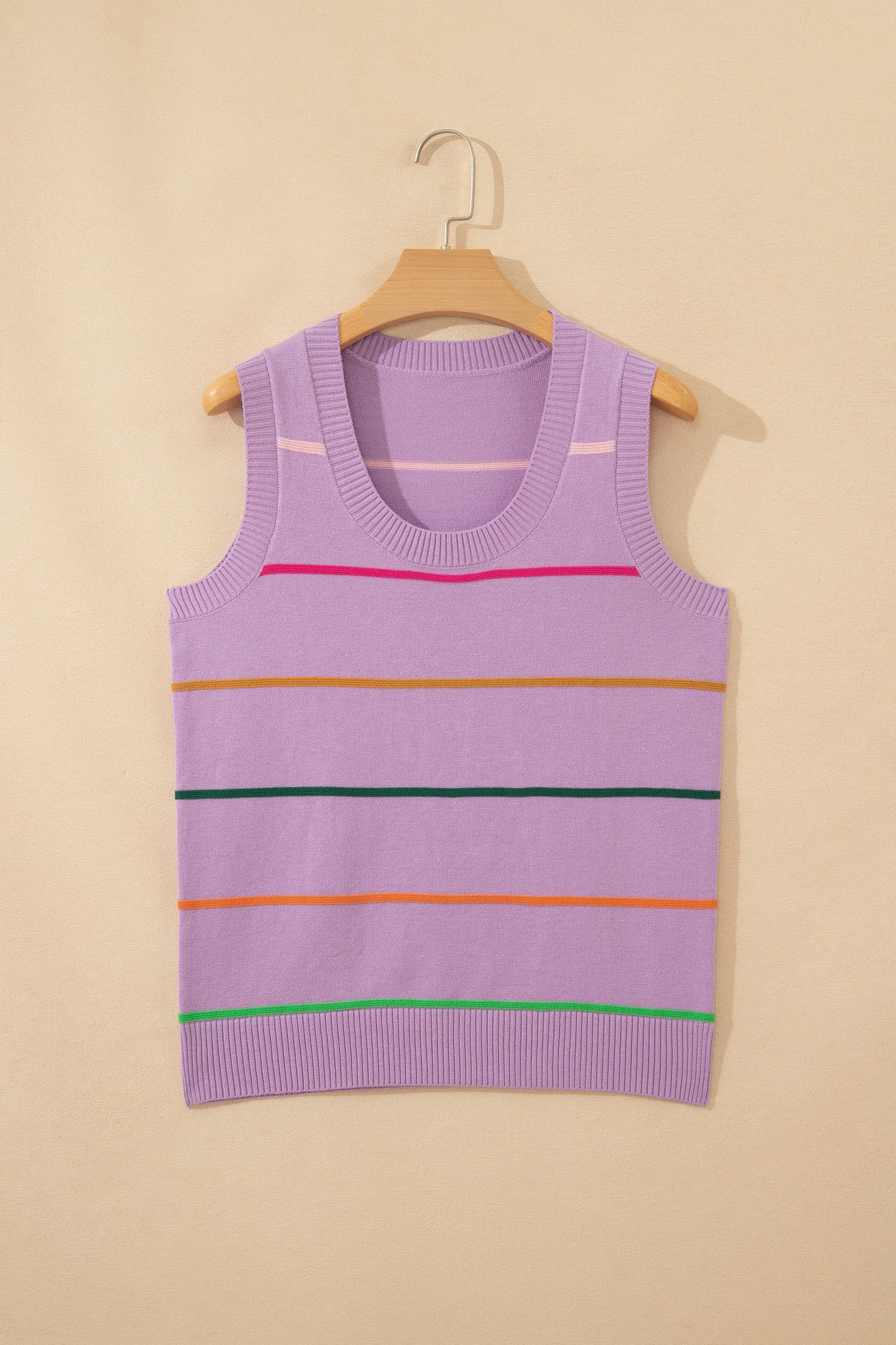 Stripe Ribbed Trim Sleeveless Sweater Knit Tank
