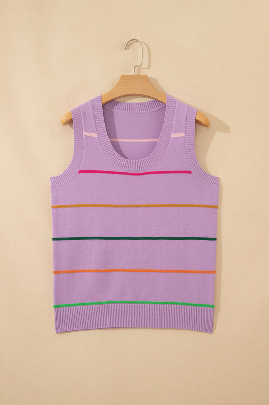Stripe Ribbed Trim Sleeveless Sweater Knit Tank