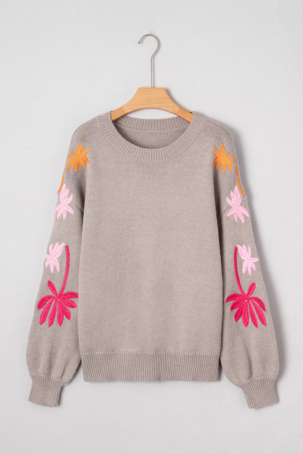 Floral Embroidered Sleeve Round Neck Loose Sweater
