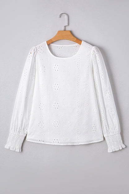 Solid Eyelet Embroidered Long Sleeve Blouse