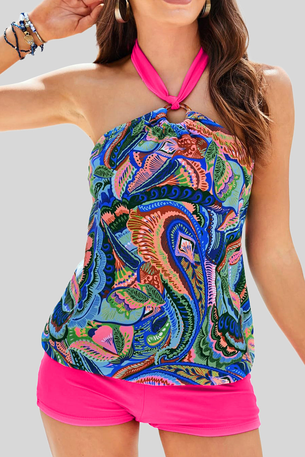 Paisley Floral Halter Tankini w/ Shorts