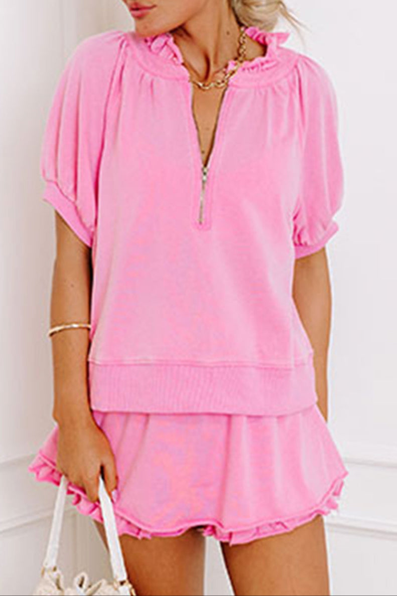 Solid Puff Sleeve Top and Shorts Set