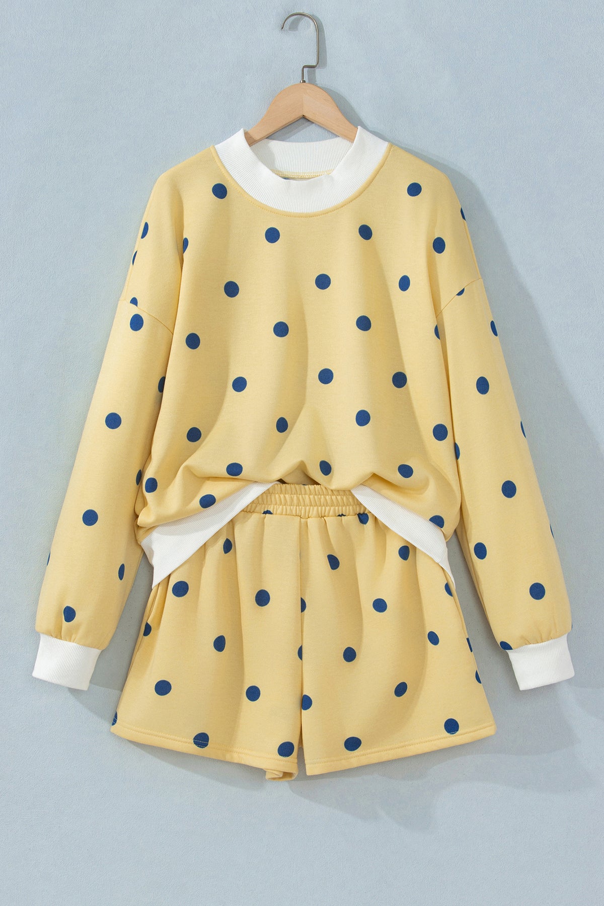 Polka Dot Ribbed Trim Long Sleeve Top & Shorts Set