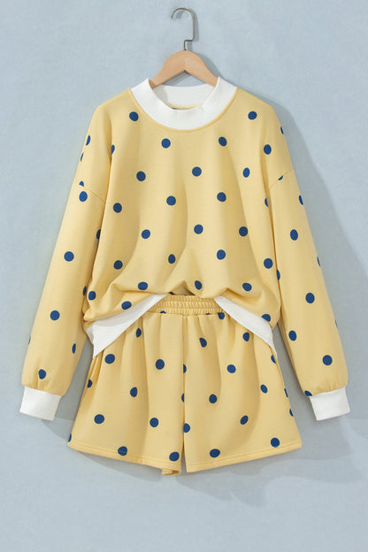 Polka Dot Ribbed Trim Long Sleeve Top & Shorts Set