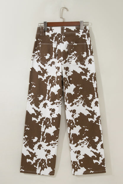 Western Cow Print High Waist Straight Leg Jeans
