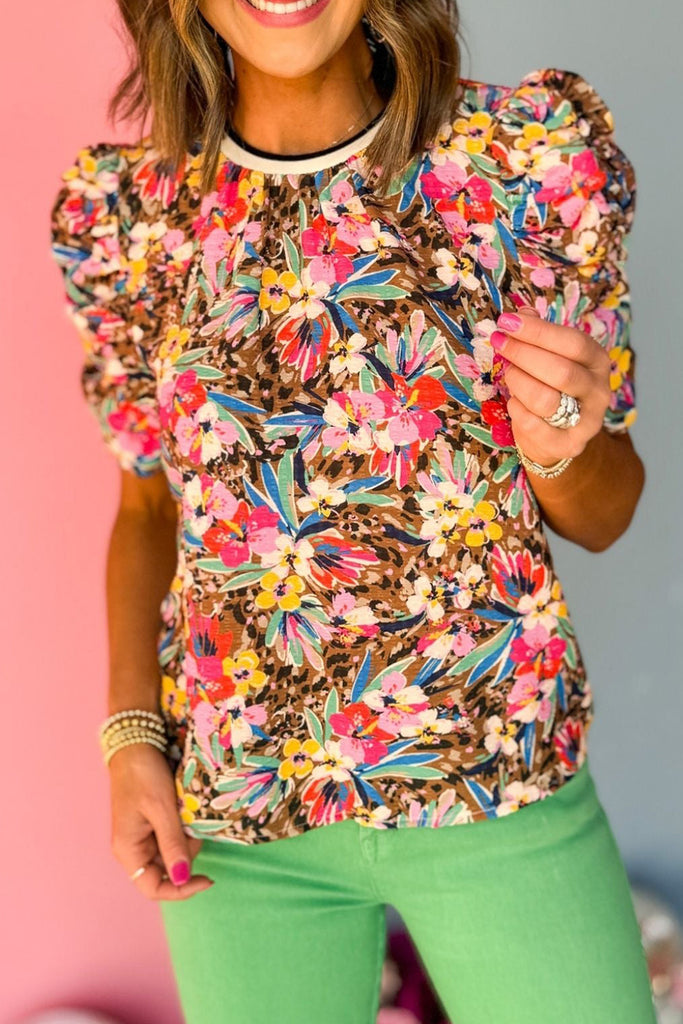 Floral Ruched Puff Sleeve Blouse