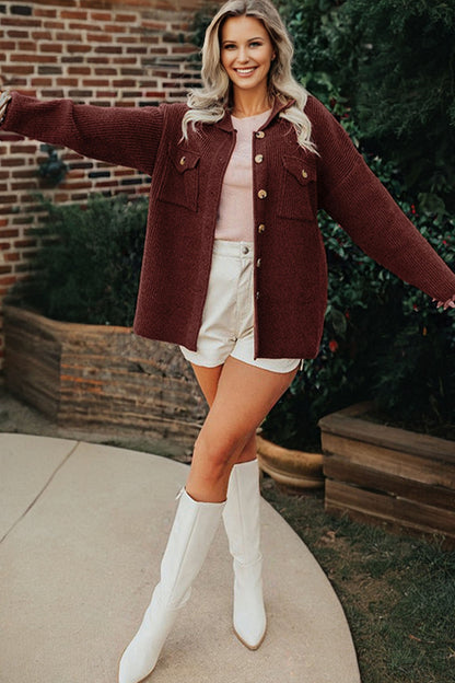 Ribbed Knit Flap Pocket Button-Up Shacket