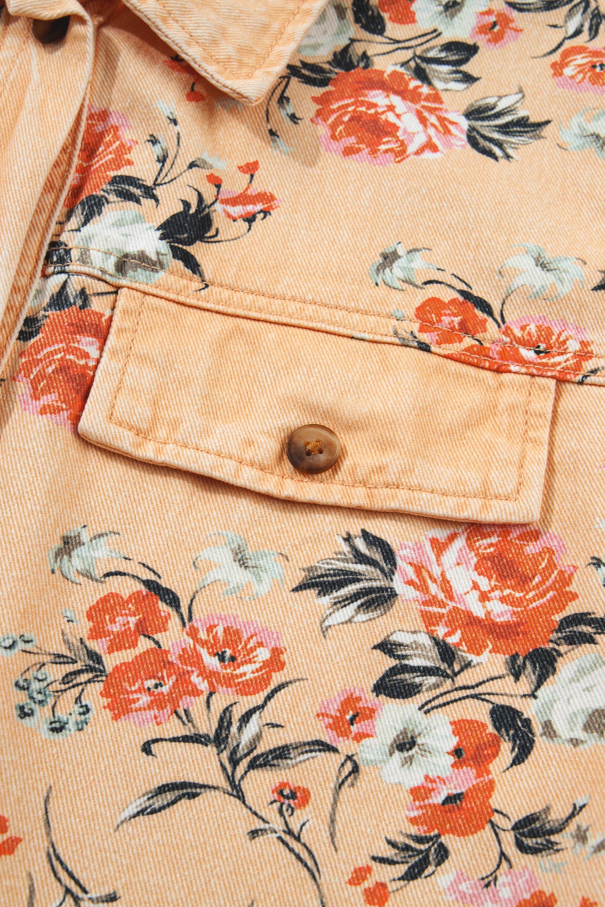 Floral Denim Buttoned Long Sleeve Tunic Jacket