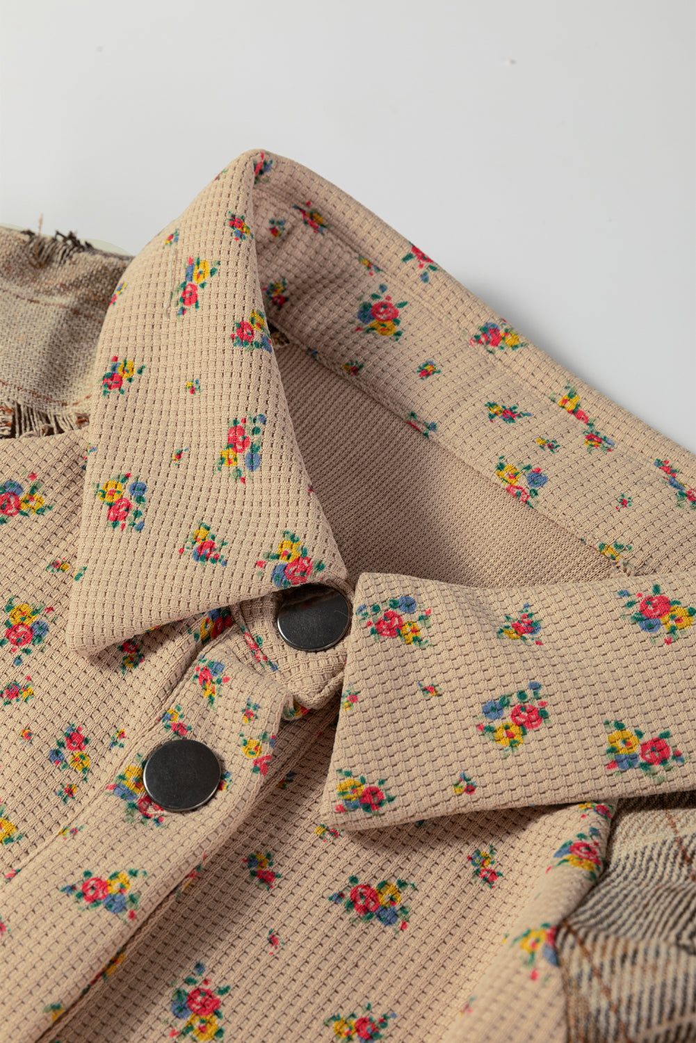 Floral Plaid Patchwork Ruffle Waffle Knit Shacket