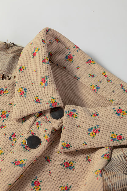 Floral Waffle Knit Plaid Patchwork Ruffle Shacket