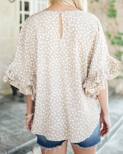 Dotted Ruffle Dolman Sleeve Blouse