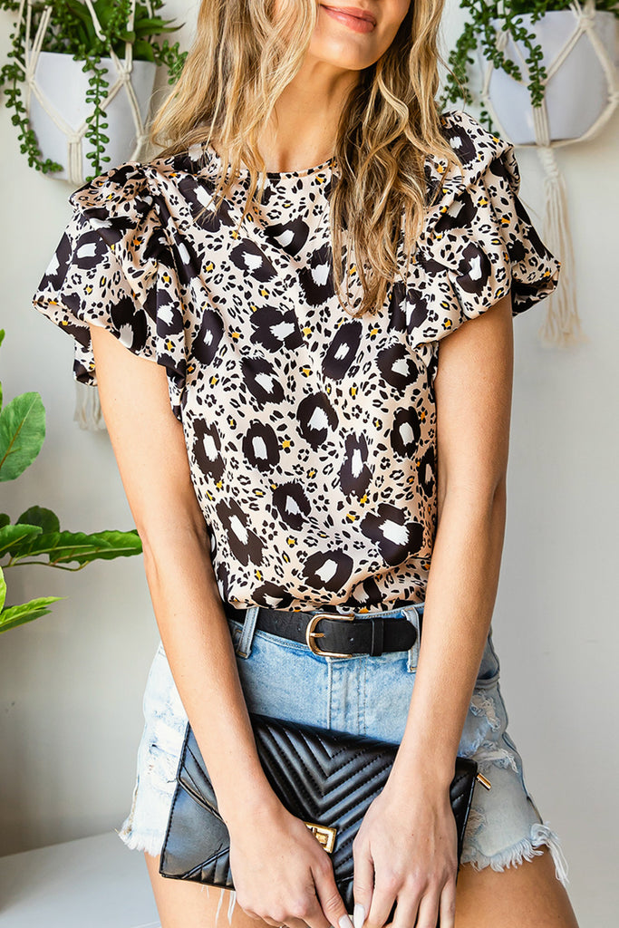 Leopard Ruffle Short Sleeve Blouse