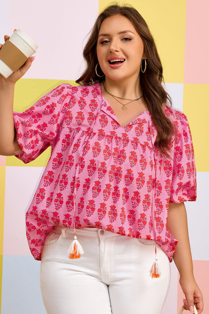 Plus Size Floral Tassel Tie Puff Sleeve Blouse