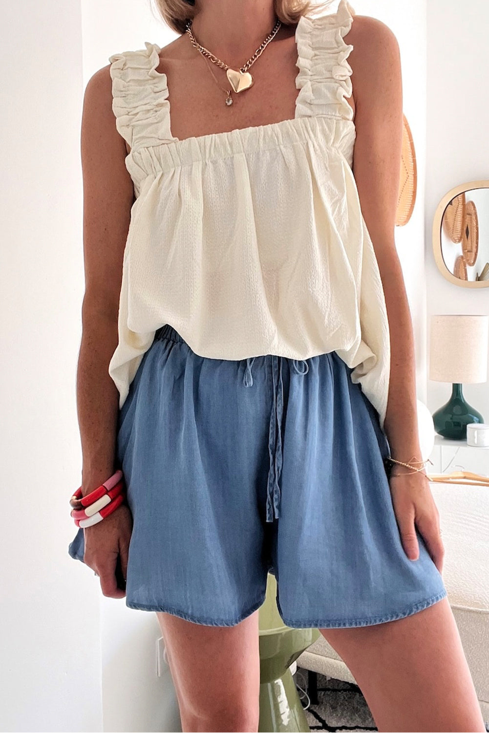 Denim Drawstring Wide Leg Shorts