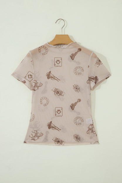 Western & Leopard Mesh Short Sleeve Top