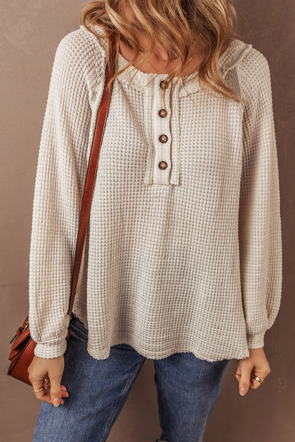 Waffle Raglan Sleeve Henley Blouse