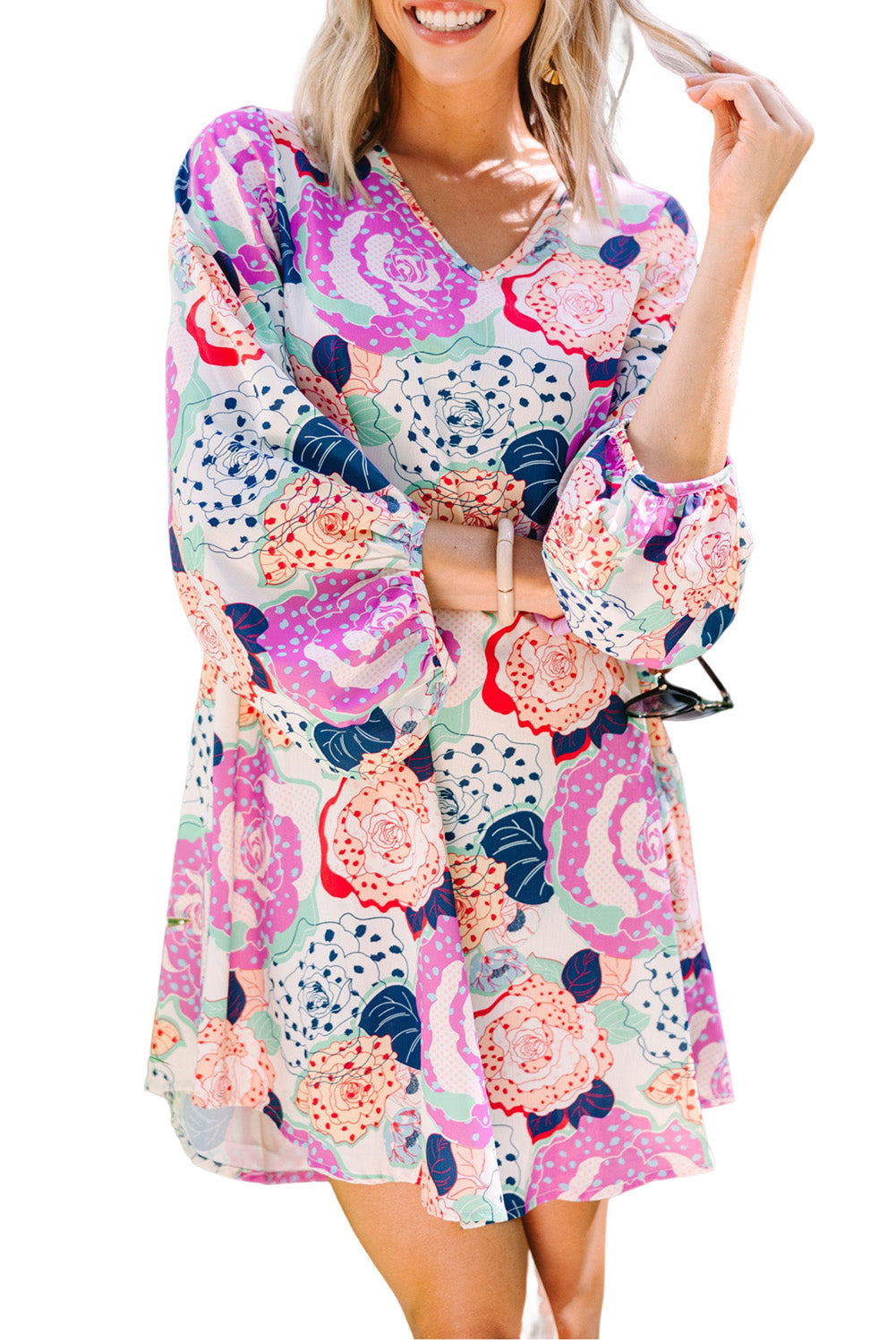 Floral Retro 3/4 Bubble Sleeve Dress