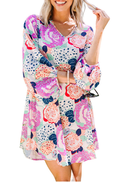 Floral Retro 3/4 Bubble Sleeve Dress