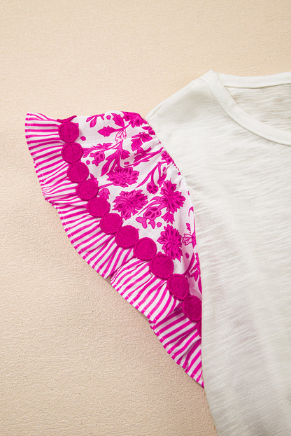 Floral Patchwork Flutter Sleeve Ricrac Trim Blouse