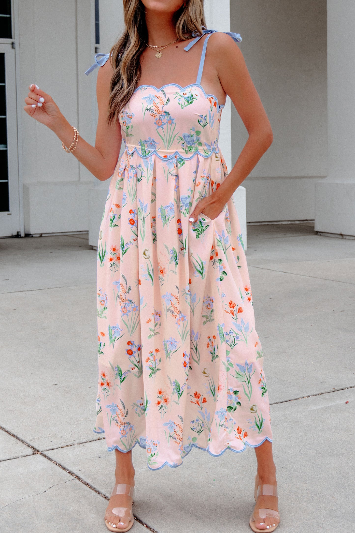 Floral Contrast Trim Tie Strap Midi Dress