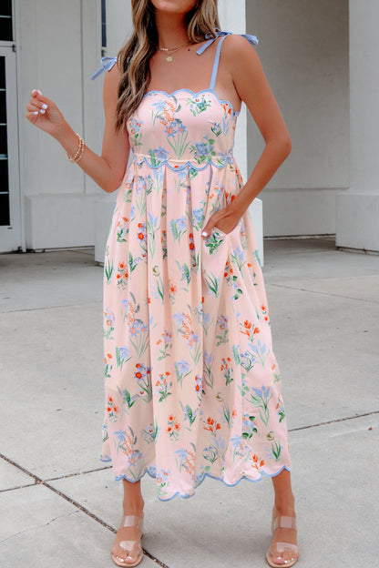 Floral Contrast Trim Tie Strap Midi Dress