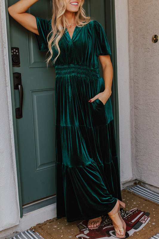 Velvet Shirred Waist Maxi Dress