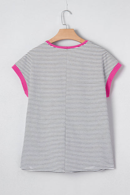 Stripe Contrast Trim Round Neck Shirt