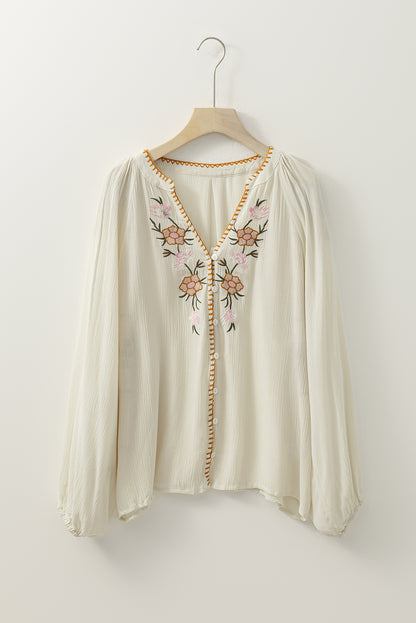 Floral Embroidered Textured Puff Sleeve Shirt