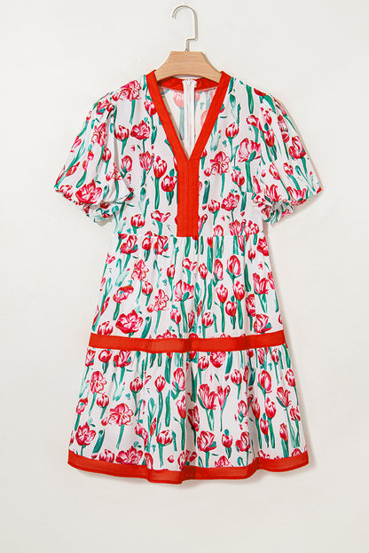 Floral Contrast Trim V-Neck Babydoll Dress