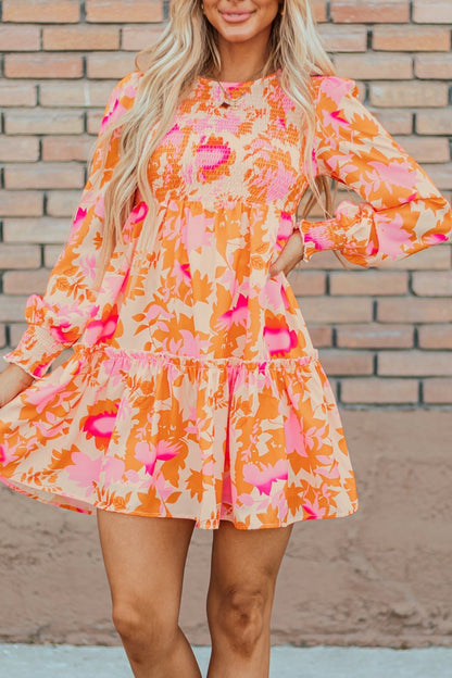 Abstract Lantern Sleeve Ruffle Mini Dress