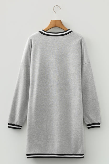 Stripe Trim V-Neck Long Sleeve Preppy T-Shirt Dress