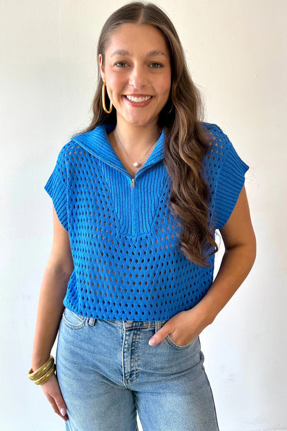 Solid Hollowed Knit Zipped Collar Short Sleeve Top