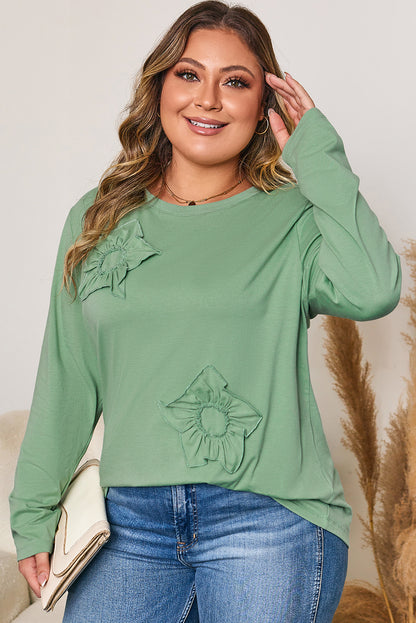 Plus Size Floral Applique Mineral Wash Long Sleeve Top